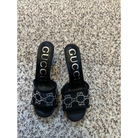 Gucci Shoes - Black Gucci New  Mules Sz 38 EU Women's Mesh GG Crystals Embellished 3" Heels